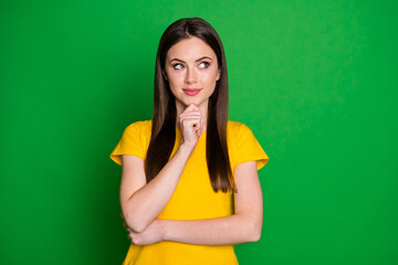 Canvas Print - Portrait of smart minded girl touch finger chin look copyspace ask question think thoughts wear casual style clothes isolated over bright color background