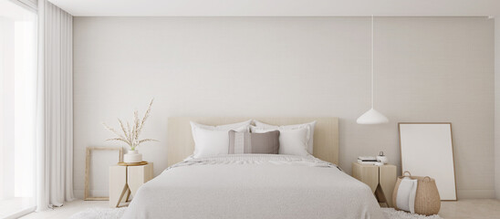 Canvas Print - White bedroom interior.Earth tones design3d rendering