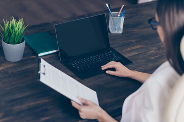 Wall Mural - Close-up profile side view portrait of her she focused busy lady stay home quarantine study learn university skills self development translating texts modern wooden interior workplace workstation