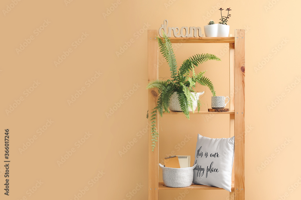 Wicker baskets with houseplants and pillow on rack in room