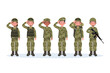 Group of army, men and woman, in camouflage combat uniform saluting. Cute flat cartoon style. Isolated vector illustration.