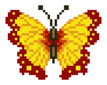 8 Bit Pixel Butterfly. Image Of Butterfly Cross Stitch Pattern And Lego Block. Insect Animal In Pixel Art Vector Illustration.