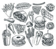 Ink hand drawn set of various burgers, hot dog, burrito, French fries, nuggets, donut, falafel, pizza, churros, bagel. Food elements collection for menu or signboard design. Vector illustration.