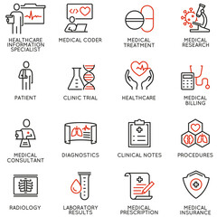 Vector Set of Linear Icons Related to Health Information Management and Medical Coder. Mono Line Pictograms and Infographics Design Elements