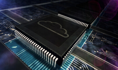 Wall Mural - processor factory with laser burning of cyber computing cloud symbol illustration