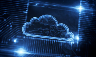 Wall Mural - processor factory with laser burning of cyber computing cloud symbol illustration