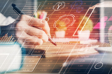 double exposure of woman's hands on background with technology and digital coding icons. data develo