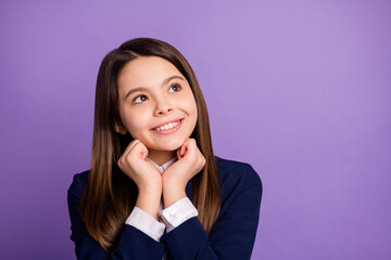 Sticker - Close-up portrait of her she nice lovely cheerful brainy long-haired girl thinking creating clue strategy dilemma making decision isolated bright vivid shine vibrant lilac violet color background