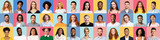 Fototapeta  - Collage Of Cheerful Mixed Millennials Portraits On Colorful Backgrounds, Panorama