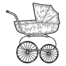 Vintage Baby Stroller. Sketch Scratch Board Imitation. Black And White.