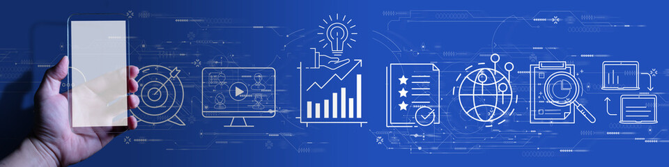 Content marketing concept with man hand using a smart phone computer on blue background.