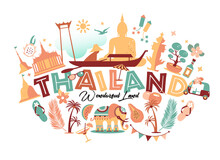 Collection Of Thailand Symbols With Text. Vector Poster. Postcard In Trend Color. Travel Illustration. Web Banner Of Travel With Letters.