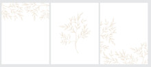 Set Of 3 Sketched Twigs Vector Illustration. Gold Tree Branches Isolated On A White Background. Simple Elegant Wedding Cards. Floral Hand Drawn Blanks. Illustration Without Text.
