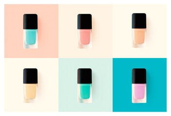 nail polishes in glass bottles on bright colorful background, top view. poster template in retro vin