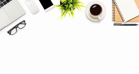 Wall Mural - workplace of white office desk table with equipment other office supplies with copy space, flat lay