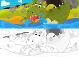 Fototapeta Dinusie - Cartoon dragon with sketch drinking the water near the cave illustration
