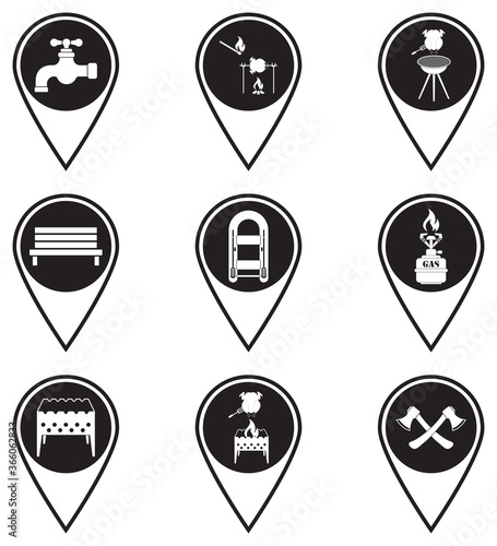 Fotomural Set of map pointers with travel and camping equipment icons