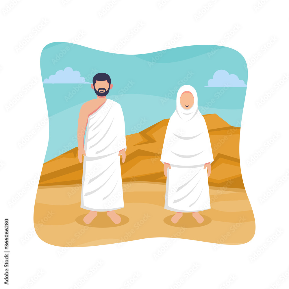 Hajj and umrah islamic pilgrimage ritual guide design. Flat style ...