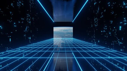 Poster - Huge illuminator of an unknown spaceship interior with scanner at an empty galaxy. 3D ISS animation in 4k.