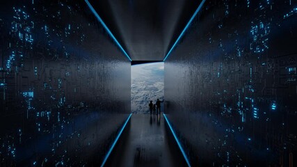 Poster - Huge illuminator of an unknown spaceship interior with astronauts at an empty galaxy. 3D ISS animation in 4k.	