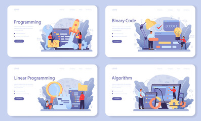 IT education web banner or landing page set. Student write software