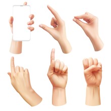 Realistic Hands. Different Human Hand Showing Signals, Pointing Finger, Interactive Communication And Interface Gestures 3d Vector Set