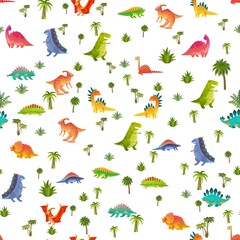 Wall Mural - Baby dino seamless pattern. Animal dragon and cute nature dinosaur in jungle, childish bright texture for wallpaper, fabrics and wrapping paper, vector background isolated on white