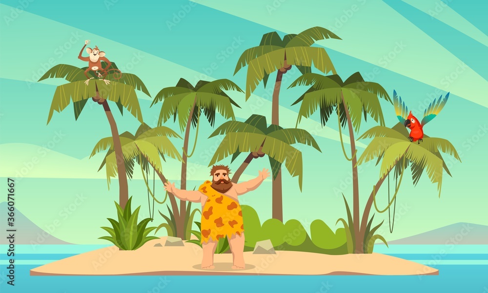 Robinson Crusoe. Man on desert island and palm trees with parrot and monkey, tropical paradise landscape, sandy beach flat cartoon vector illustration