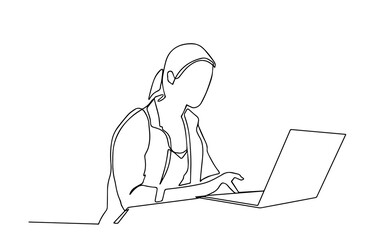 Wall Mural - Continuous one line drawing of a woman. Business concept. Beautiful woman sits on the floor and holding laptop isolated on a white background. Vector illustration. Continuous one line drawing girl