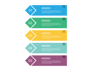 Wall Mural - Set of infographic banners. Diagram templates in five steps. Diagram mockup in flat design in blue, green, yellow, mint and purple colors. Editable text. Infographic chart timeline. Vector EPS 10.