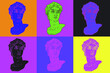 Pop art style collage with colorful gypsum heads.