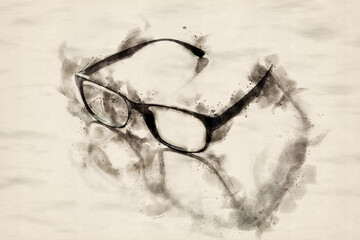 black eyeglasses expressed in watercolors.