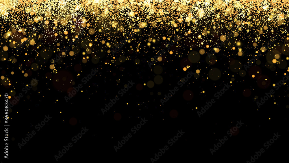 Festive vector background with gold glitter and confetti for christmas celebration. Black background with glowing golden particles. - obrazy, fototapety, plakaty 