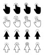 Click icon set vector. Mouse pointer, computer cursor for web, app. Here point, flat hand click icons. Finger press button. Touch sign for graphic and internet interface.