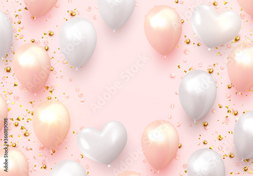 Cuadros en Lienzo Background with festive realistic balloons with ribbon