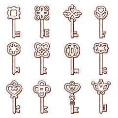 Wall Mural - keys icon. silhouettes of keys and locks old victorian style vector elegant logo collection. key loc