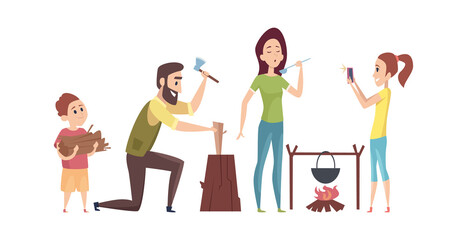 Wall Mural - Family on camping trip. Tourists in nature, summer or autumn camp. Man chopped wood, woman cooks on fire vector illustration. Family trip and vacation, travel adventure summer