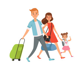 Wall Mural - People with suitcase. Family on vacation, travel time. Summer holidays, domestic tourism. Isolated characters vector illustration. Journey holiday, traveler with baggage, travel tourism and vacation