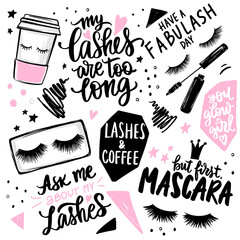 Wall Mural - Lashes, mascara, makeup, cosmetic, coffee - set with closed eyes, lettering calligraphy quotes or phrases.