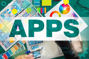 Wall Mural - apps. mobile app design. inscription apps next to designer. concept web designer services. ux applic