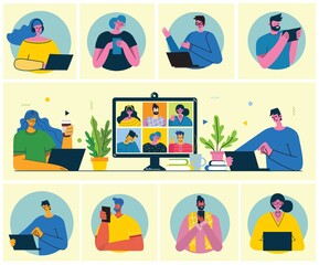 Webinar online concept illustration. People use video chat on desktop and laptop to make conference. Work remotely from home. Flat modern vector illustration.