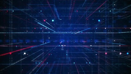 Abstract fly through hologram 3D Big Data with futuristic matrix. Digital network with binary code particles. Technological and connection motion background.