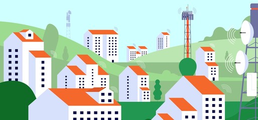 Canvas Print - Wireless internet landscape. Internet equipment, radio satellite tv tower in village. Telecommunication infrastructure vector illustration. Internet wireless digital, cityscape cover