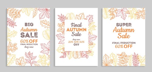 Canvas Print - Autumn sale banners. Fall advertising vouchers, colorful discount poster. Thanksgiving season special price, sketch leaf vector background. Autumn banner with leaf, advertising foliage illustration