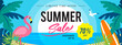 © Farosofa - Summer sale banner vector illustration. Sunset beach with flamingo.