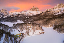 Tre Cime Di Lavaredo And Woods Covered With Snow During A Winter Sunset, Misurina, Dolomites, Belluno Province