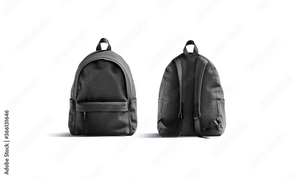 Blank black backpack with zipper and strap mockup, front back - obrazy, fototapety, plakaty 
