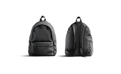 blank black backpack with zipper and strap mockup, front back