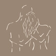 © GalaBush - Line drawing with woman man couple hug beige on brown dark background. Boy and girl hugging. Back view. Romantic art vector illustration.