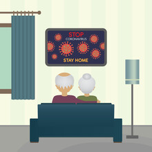 Living Room Interior Illustration, Elder Couple Watch Tv Show About Coronavirus Cartoon Vectors